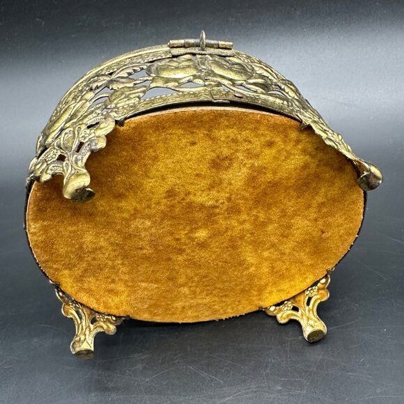 Vintage Jewelry Casket Box Floral Gold Tone Metal Glass Rose Flower Trinket Dish - Picture 6 of 10